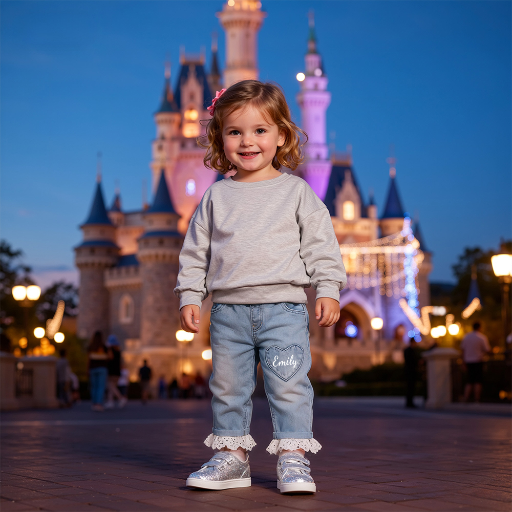 Personalized Girl Denim Jeans with Lace and Heart| Pants24