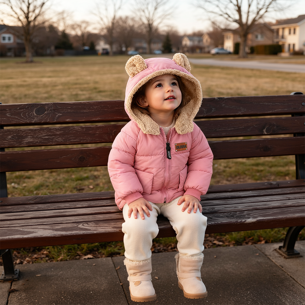 Personalized Leather Patch Kids Bear Ear Puffer Jacket| Cloth256