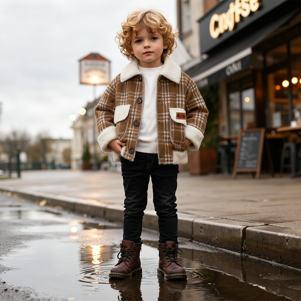 Personalized Boy Leather Patch Plaid Jacket| Cloth259