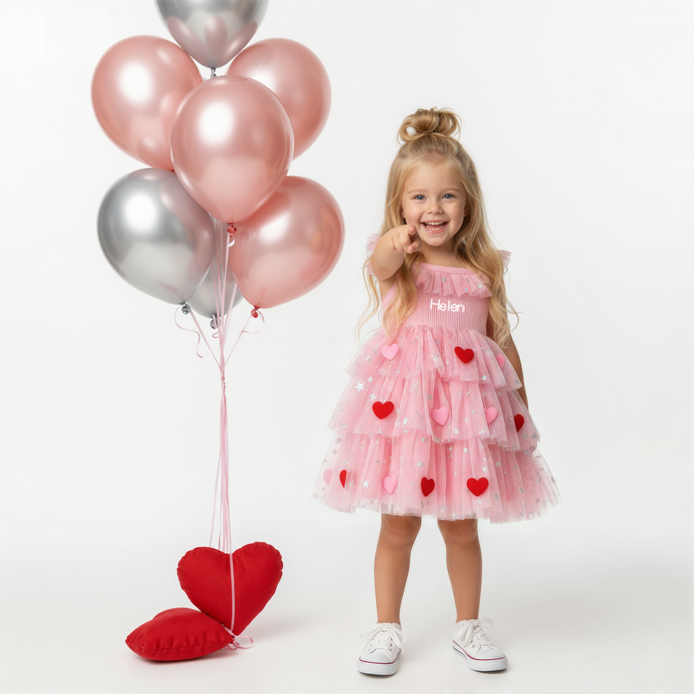 Personalized Girl Valentine's Day Heart Mesh Dress| YESVa05