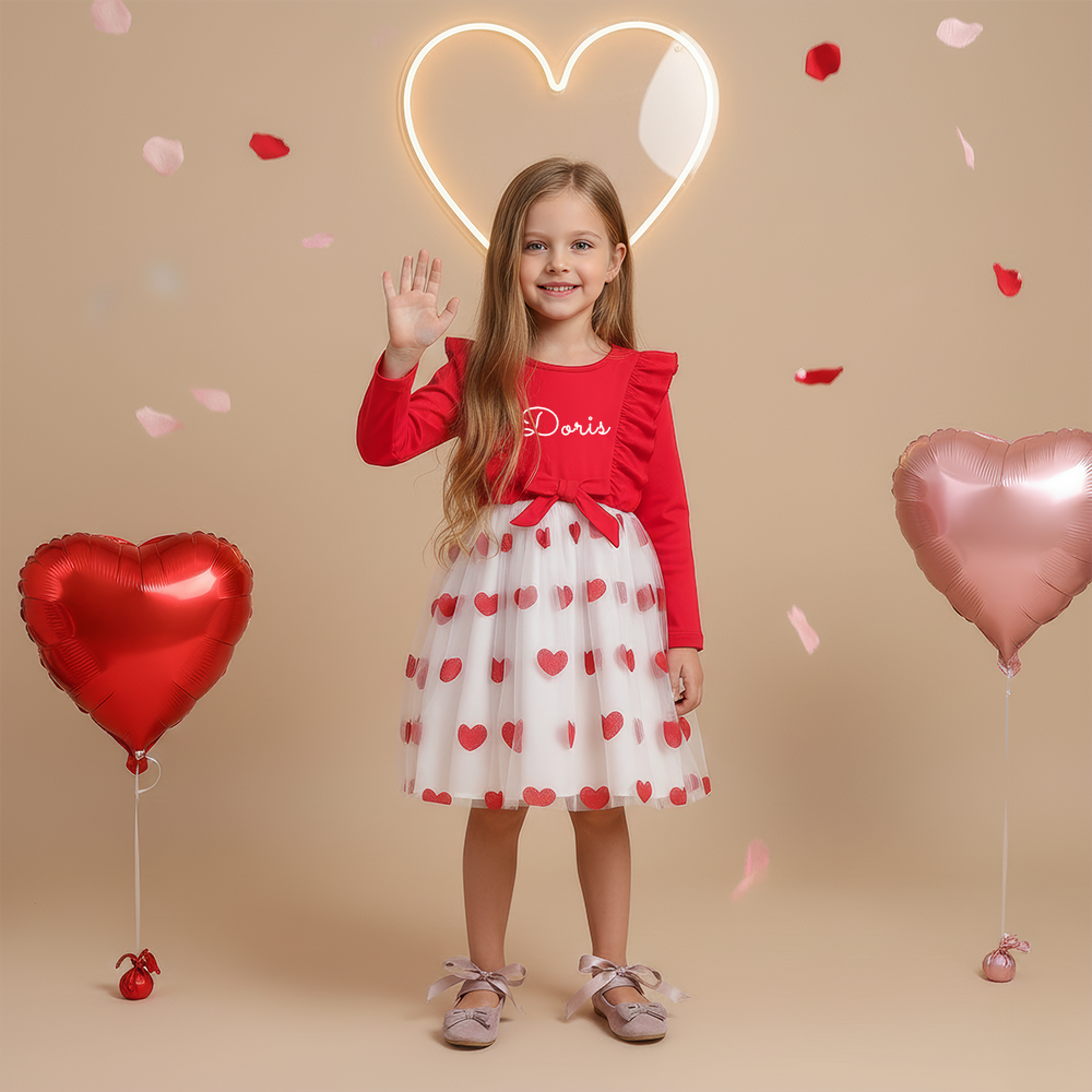 Personalized Girl Valentine's Day Heart Mesh Dress| YESVa09