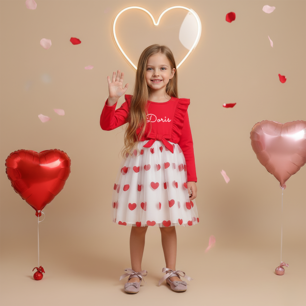 Personalized Girl Valentine's Day Heart Mesh Dress| YESVa09