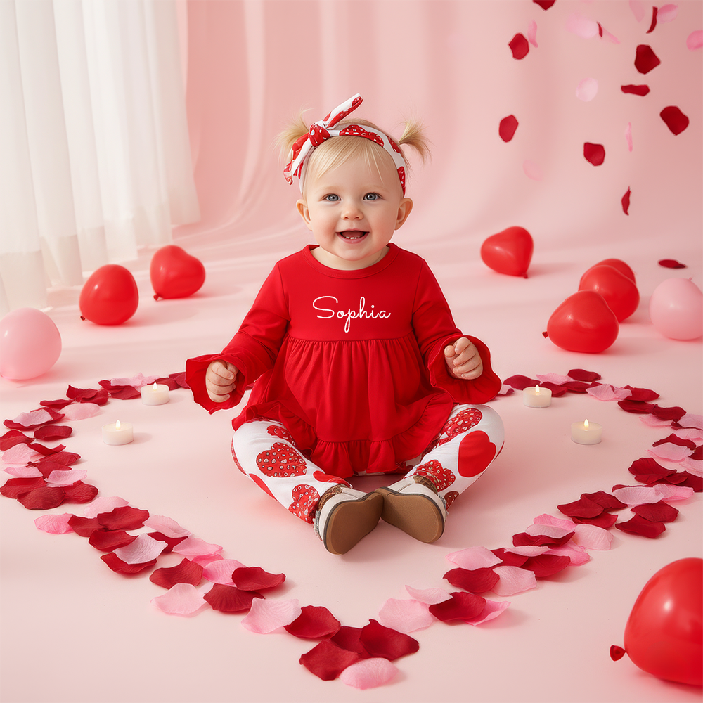 Personalized Girl Red Ruffle Top & Heart Pants Baby Set| YESVa14