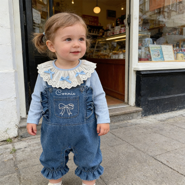 Personalized Baby Girl Lace Collar Top & Denim Overalls Set| Pants36