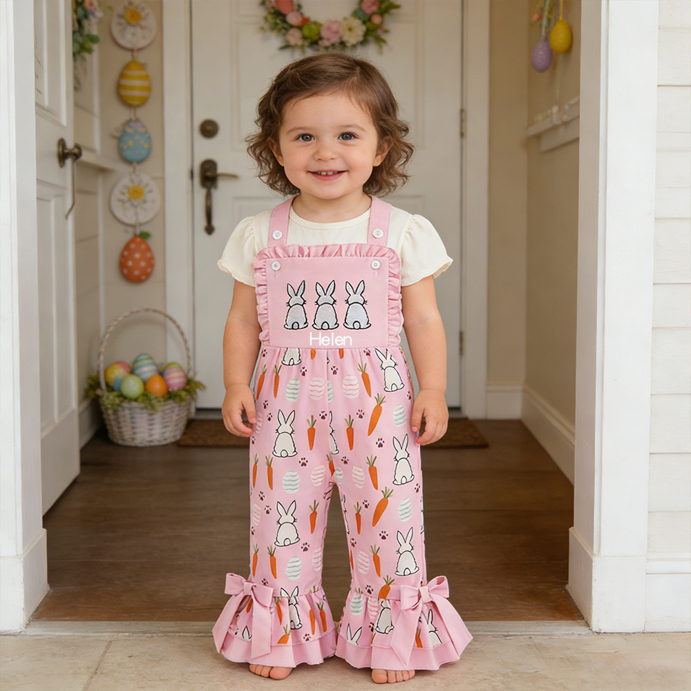 Personalized Girl Easter Bunny Pink Overalls| Pants39