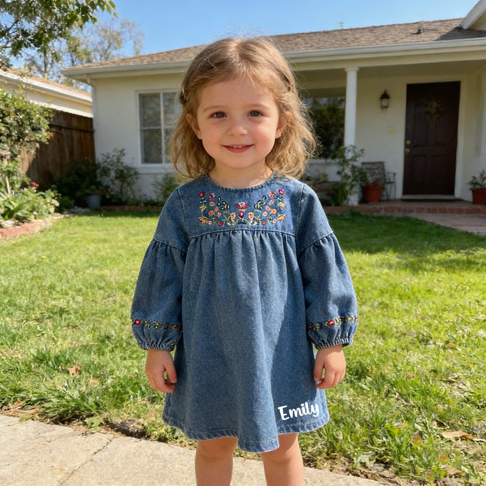 Personalized Girl Embroidered Denim Floral  Dress| Dress68