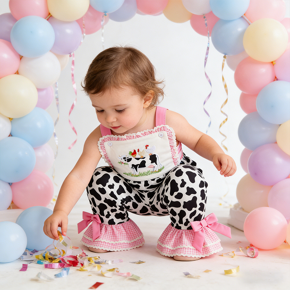 Girl Birthday Cow Print Overalls| Pants32