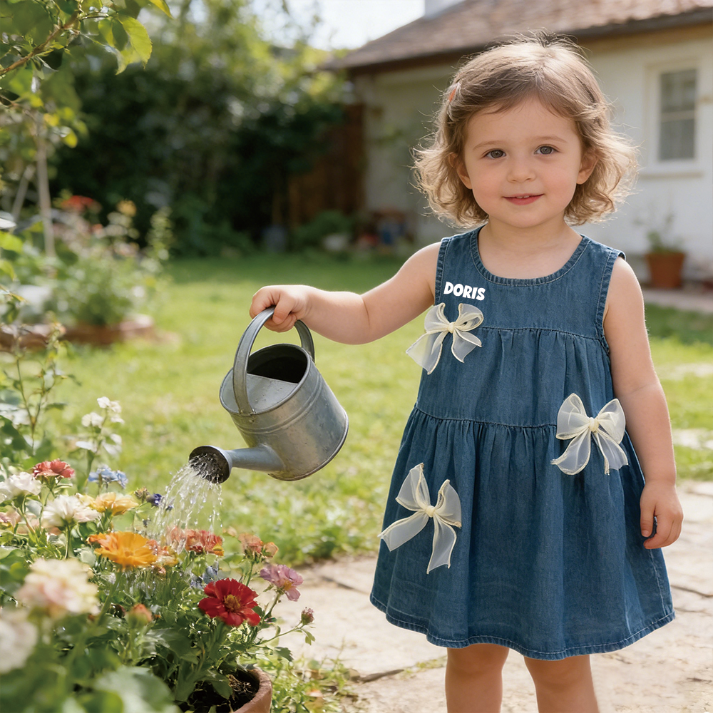 Personalized Girl Summer Bow Sleeveless Denim Dress| Dress71