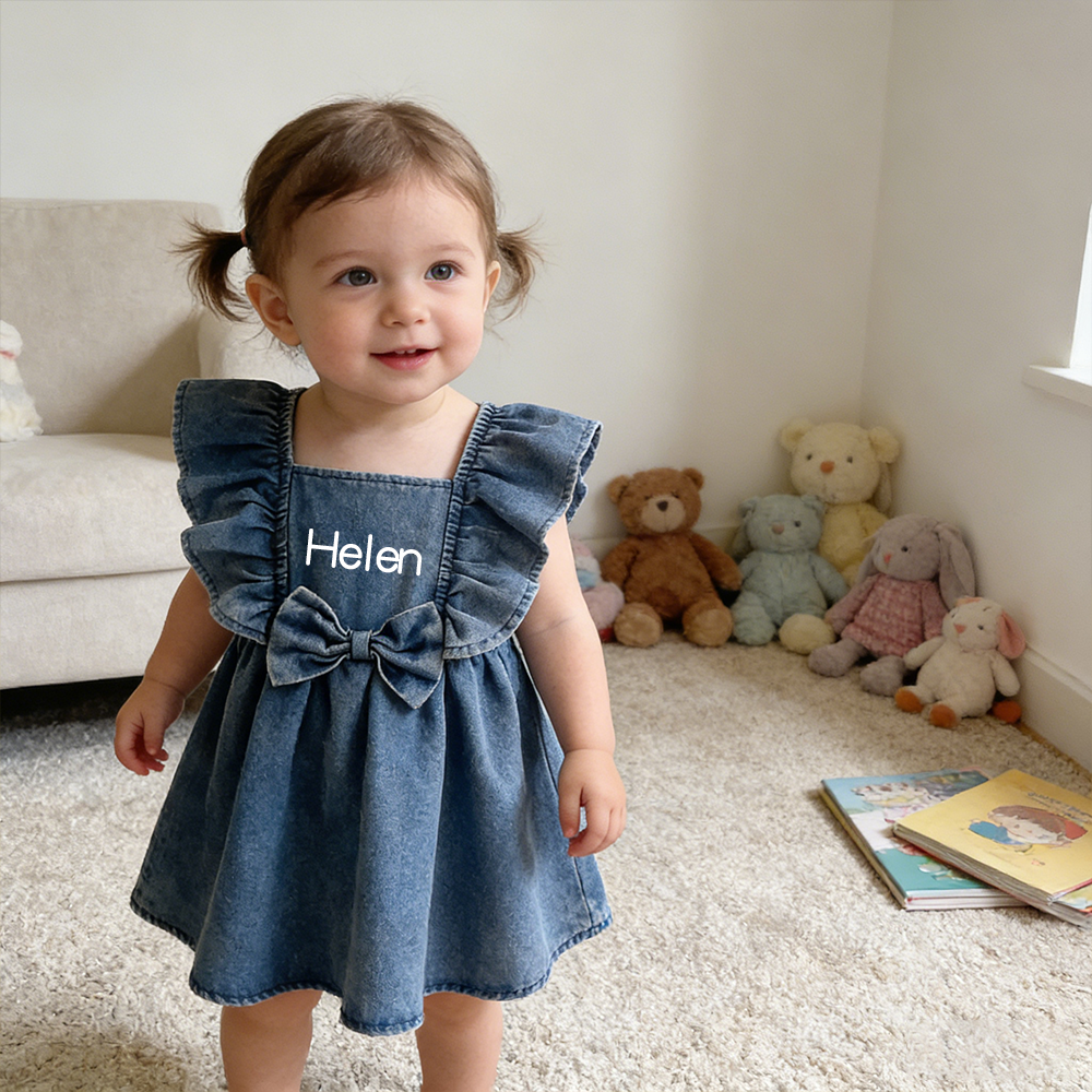 Personalized Girl Ruffle Shoulder Denim Dress| Dress73