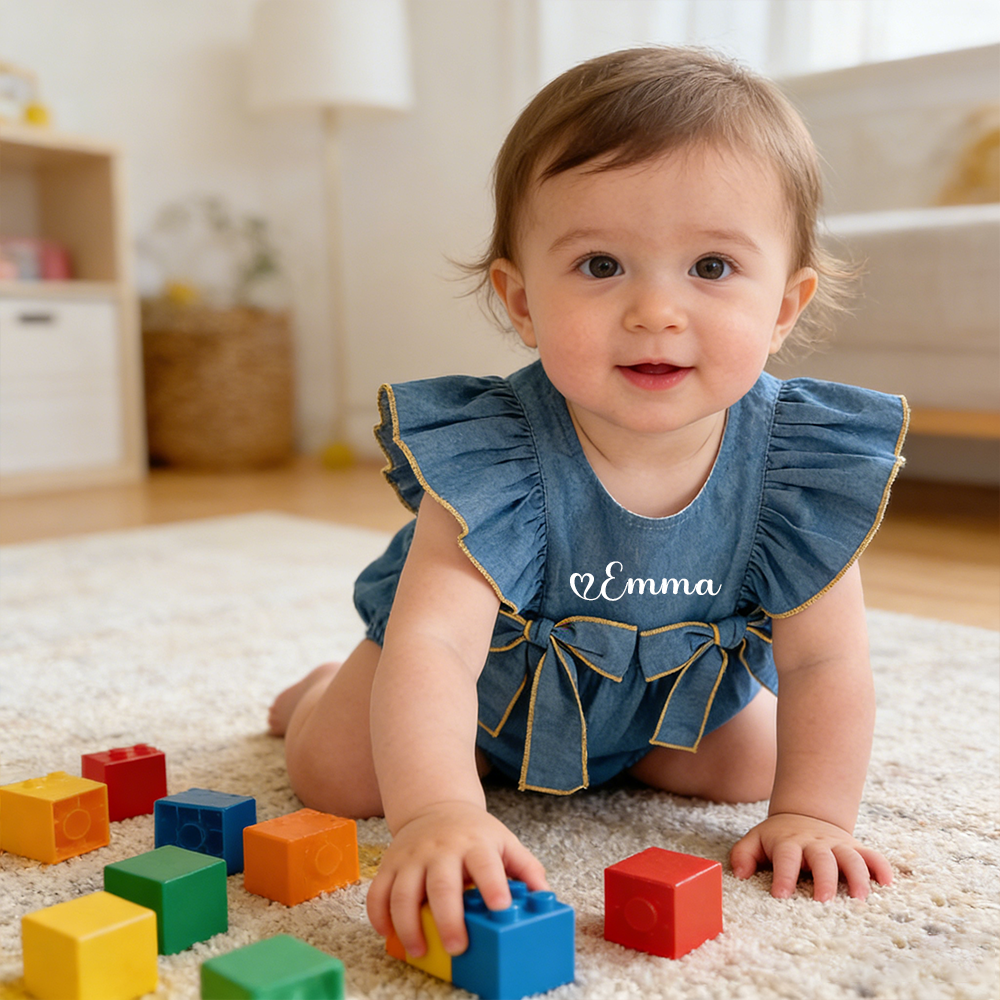 Personalized Baby Girl Ruffle Shoulder Denim Romper| BBcloth123