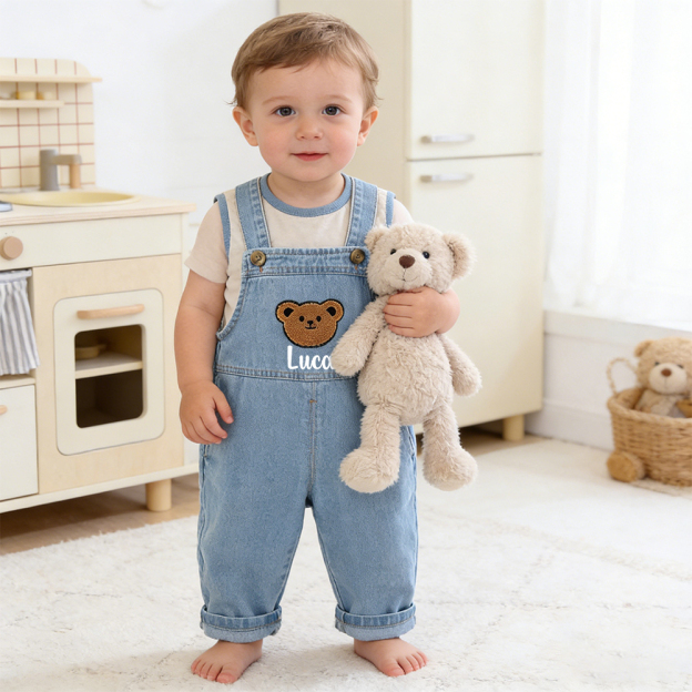 Personalized Kids Bear Patch Denim Overalls| Pants47
