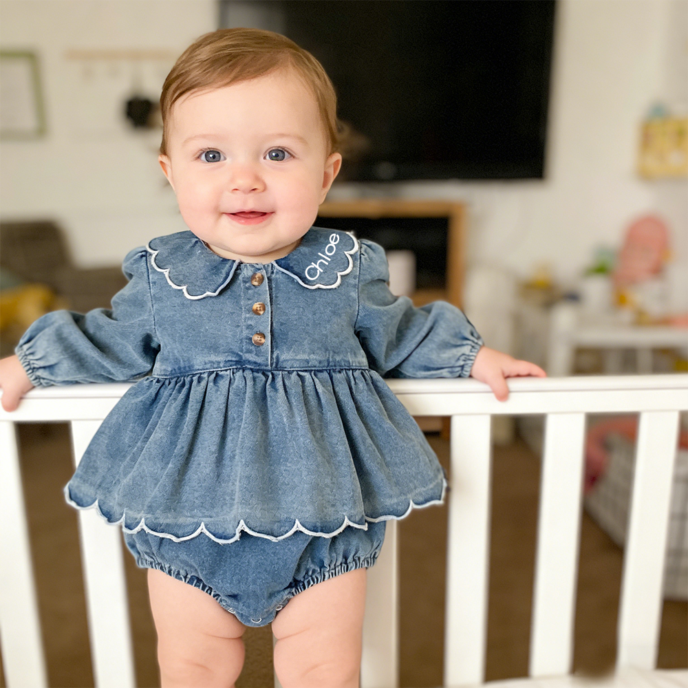 Personalized Baby Girl Ruffled Denim Bubble Romper| BBcloth130
