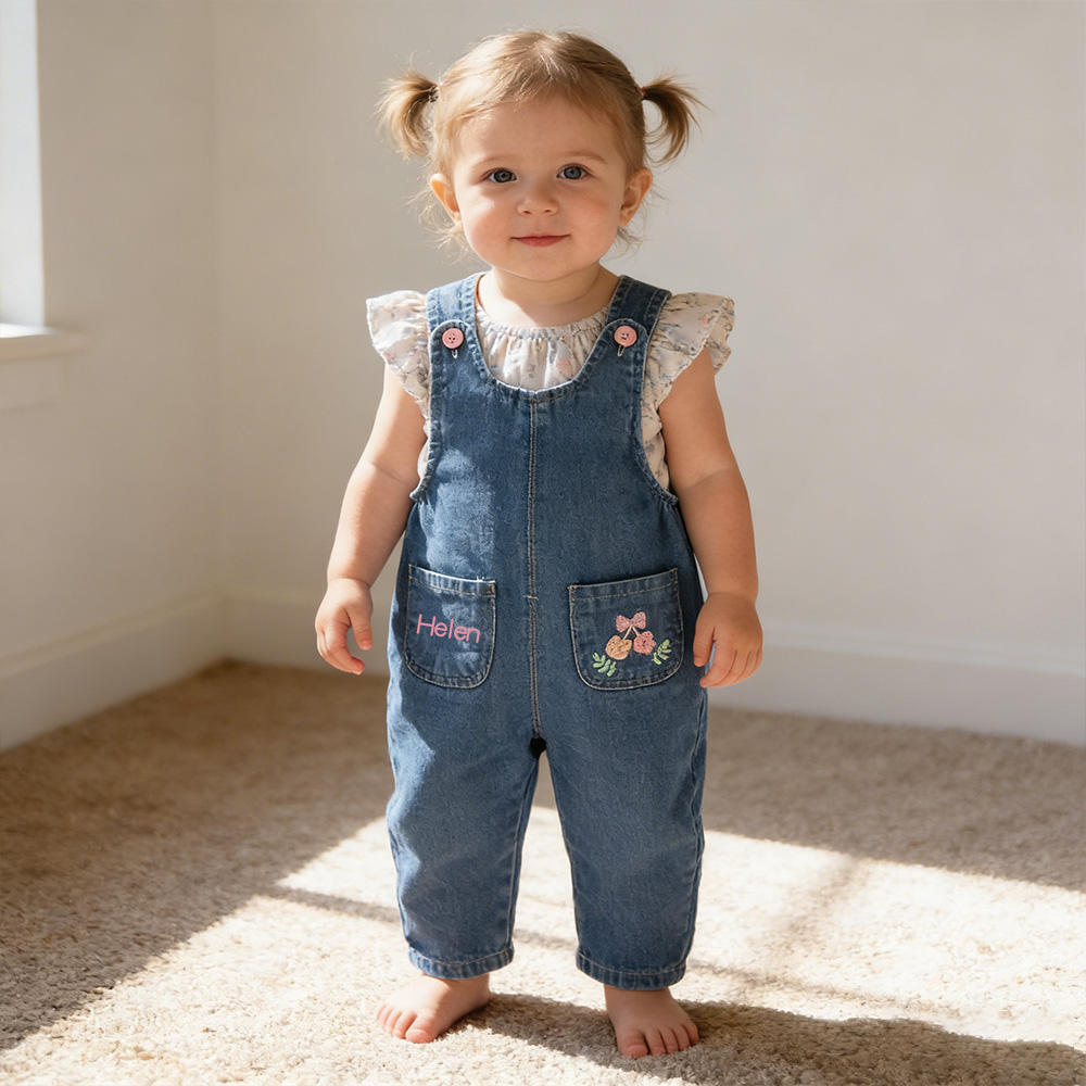 Personalized Girl Embroidered Flower Denim Overalls| Pants51