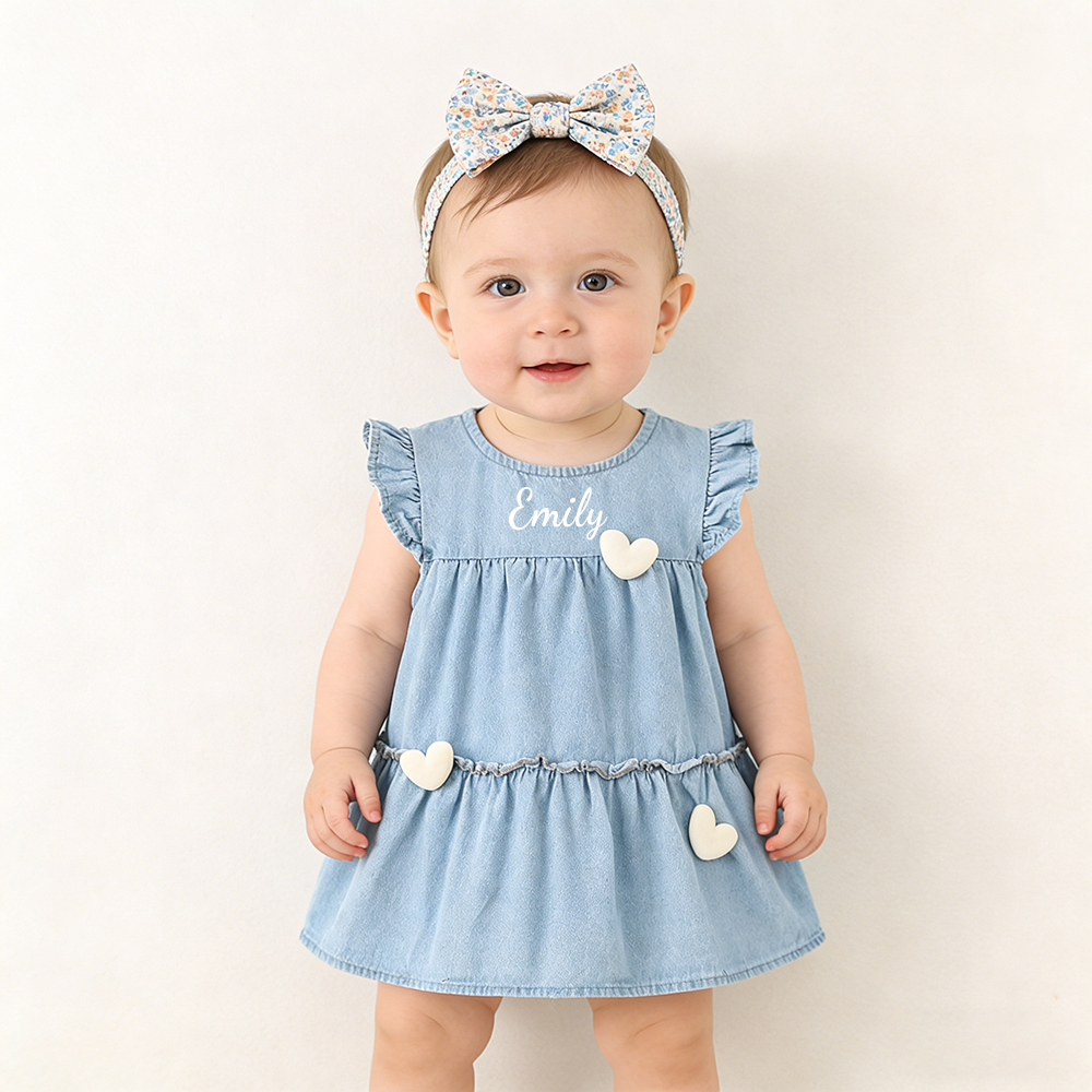 Personalized Baby Girl Heart Denim Dress| Dress76