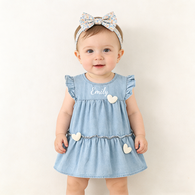 Personalized Baby Girl Heart Denim Dress| Dress76