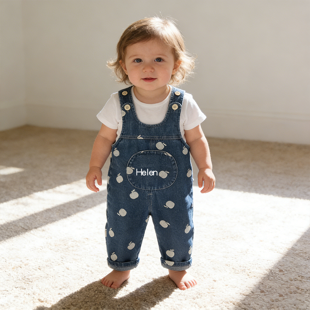 Personalized Kids Print Apple Denim Overalls| Pants52