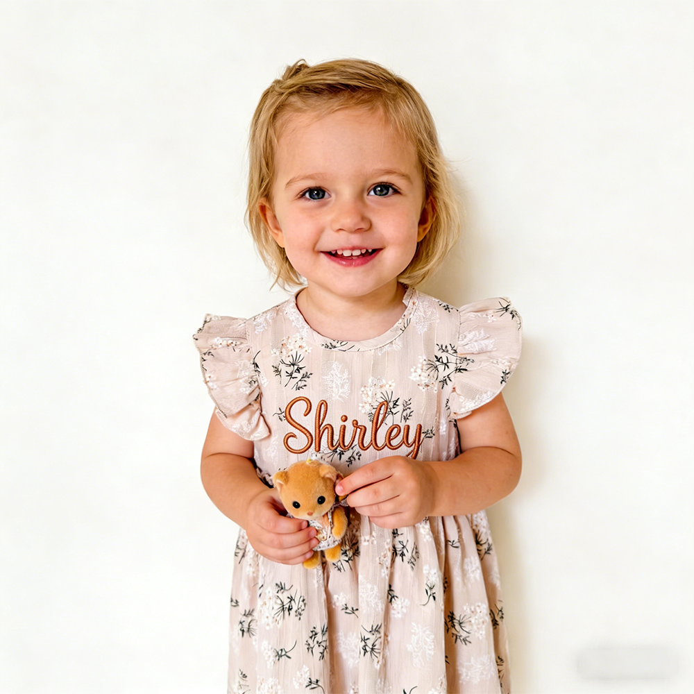 Personalized Girl Embroidered Name Floral Dress With Bow| Dress80