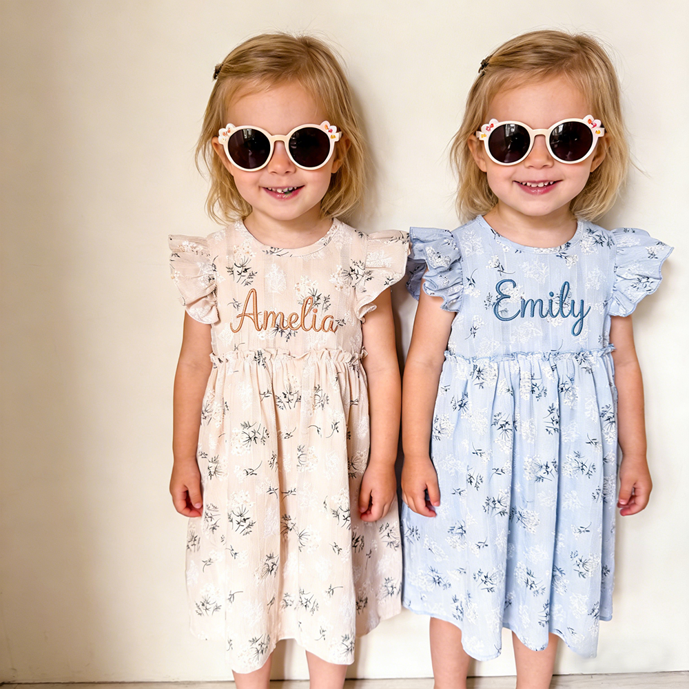 Personalized Girl Embroidered Name Floral Dress With Bow| Dress80