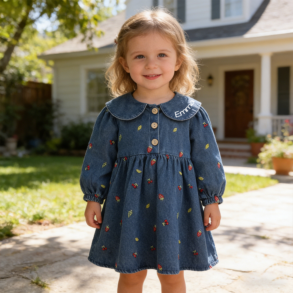 Personalized Girl Fruit Embroidered Denim Dress| Dress82