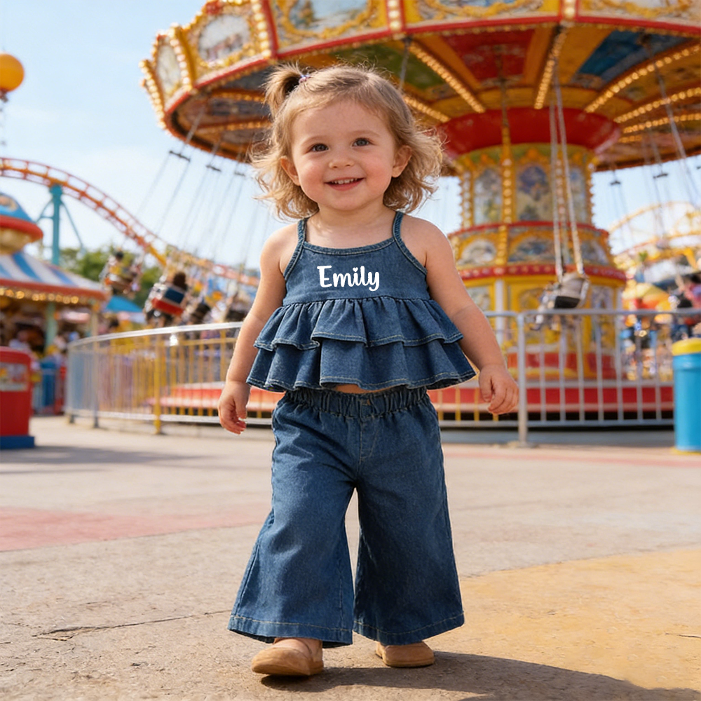 Personalized Girl Sleeveless Ruffle Denim Two-Piece Outfit| Cloth270