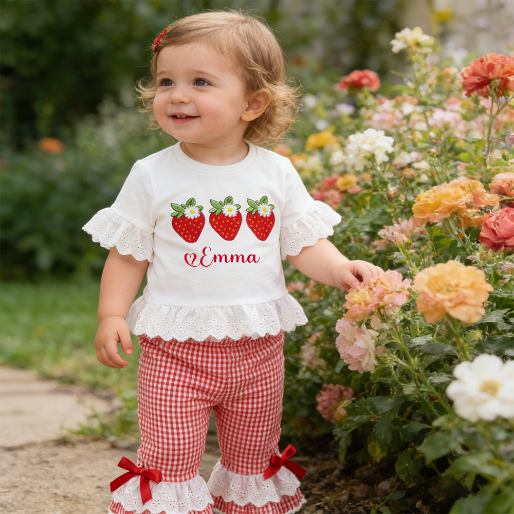Personalized Girl Strawberry Embroidered Gingham Ruffle Set| Cloth272