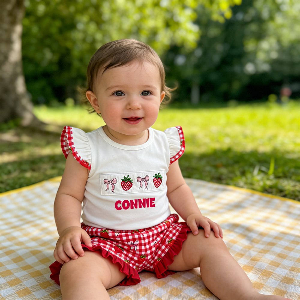 Personalized Girl Strawberry Ruffle Sleeve Top & Shorts Set| Cloth273