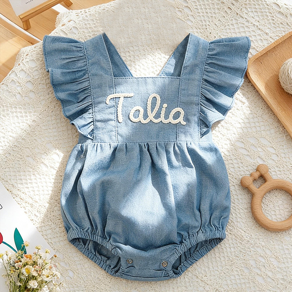 Personalized Baby Gril Embroidered Linen Romper| BBcloth131