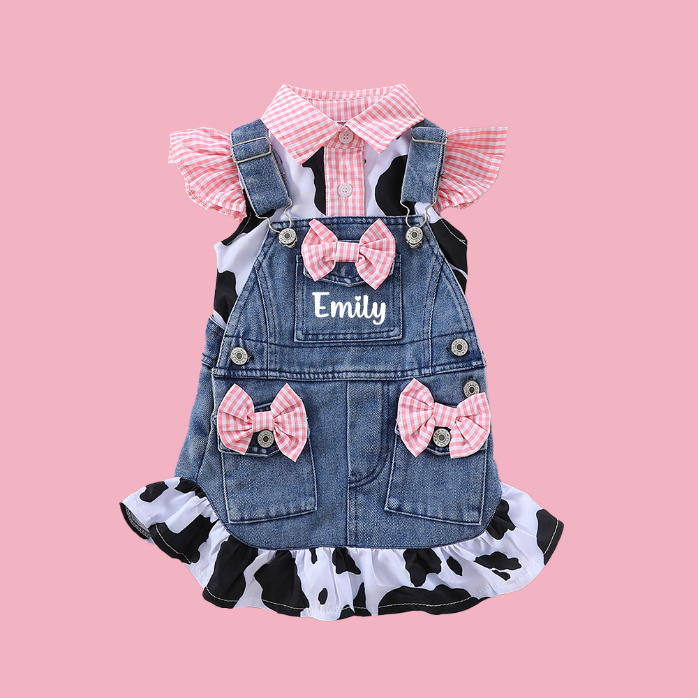 Personalized Baby Girl Cow Print Denim Overall Dress Set| BBcloth132
