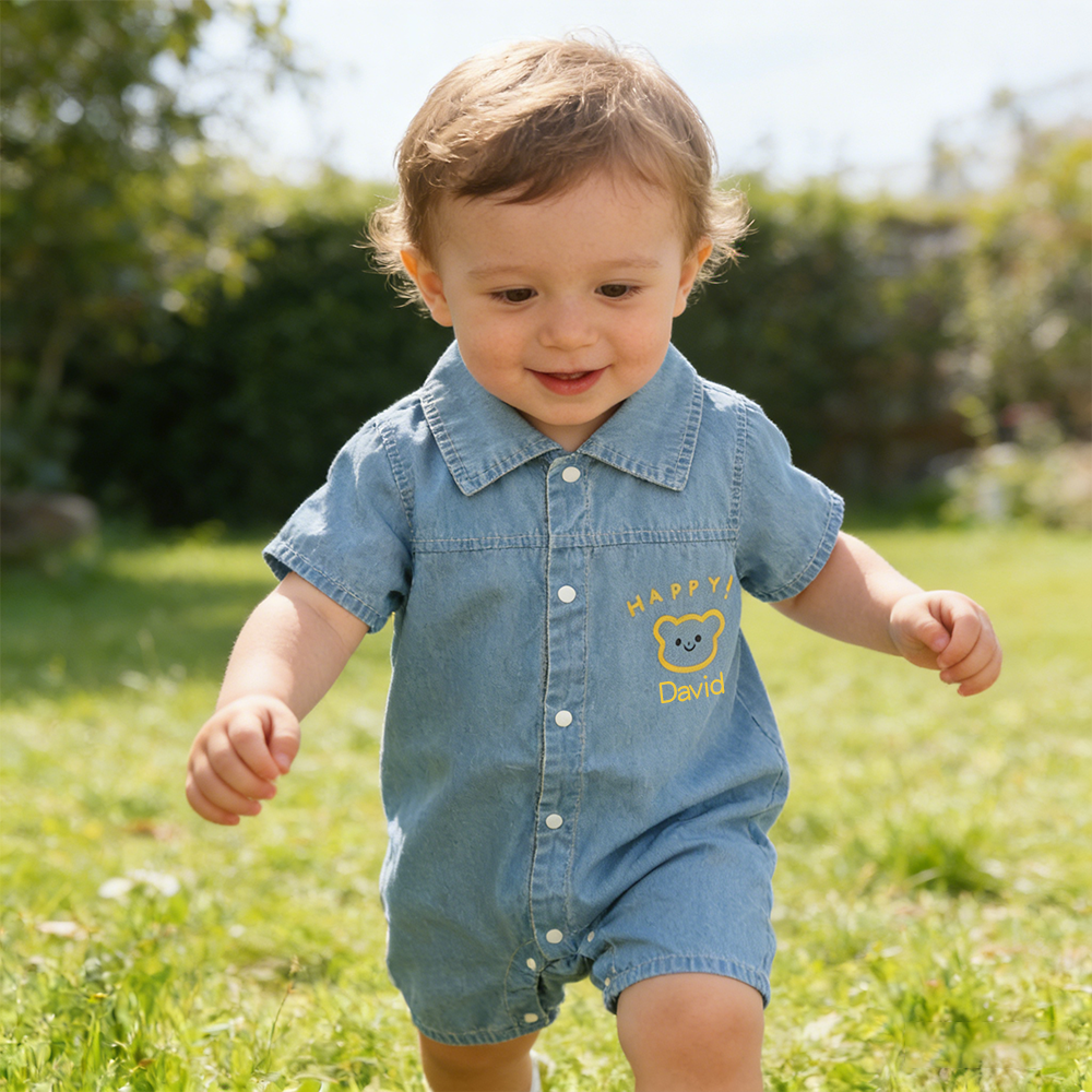 Personalized Baby Bear Print Denim Romper| BBcloth133
