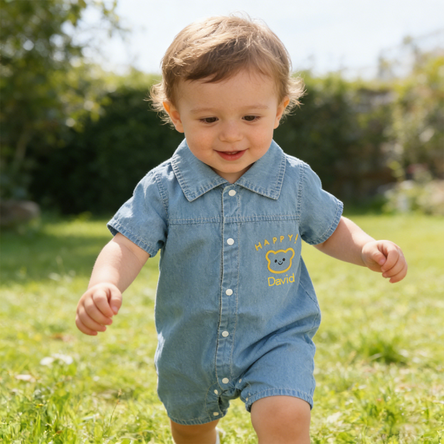 Personalized Baby Bear Print Denim Romper| BBcloth133