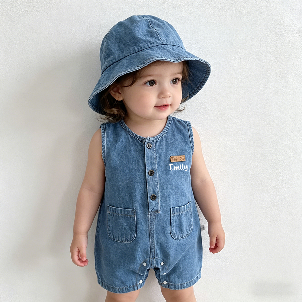 Personalized Baby Denim Jumpsuit & Sun Hat Set| Pants56