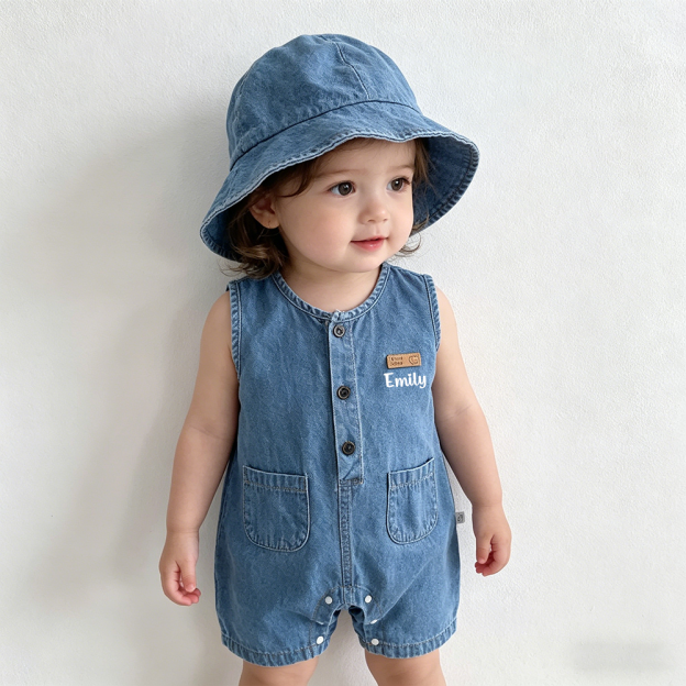 Personalized Baby Denim Jumpsuit & Sun Hat Set| Pants56