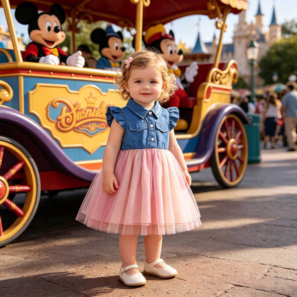 Personalized Girl Ruffle Sleeve Denim and Tulle Dress| Dress90