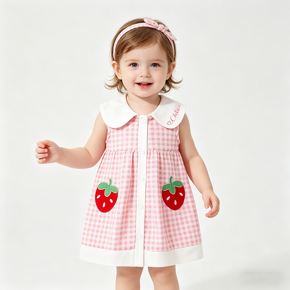 Personalized Girl Check Strawberry Sleeveless Summer Dress| Dress94