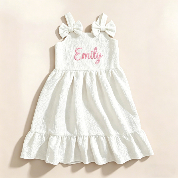 Personalized Girl Embroidered Name Bow Strap Dress| Dress99