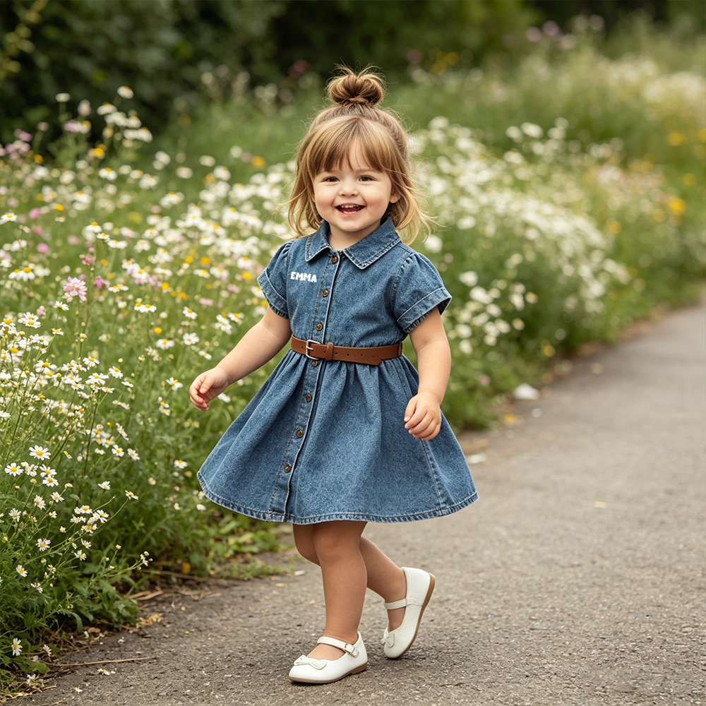 Personalized Girl Vintage Wash Denim Shirtdress with Brown Belt| Dress98