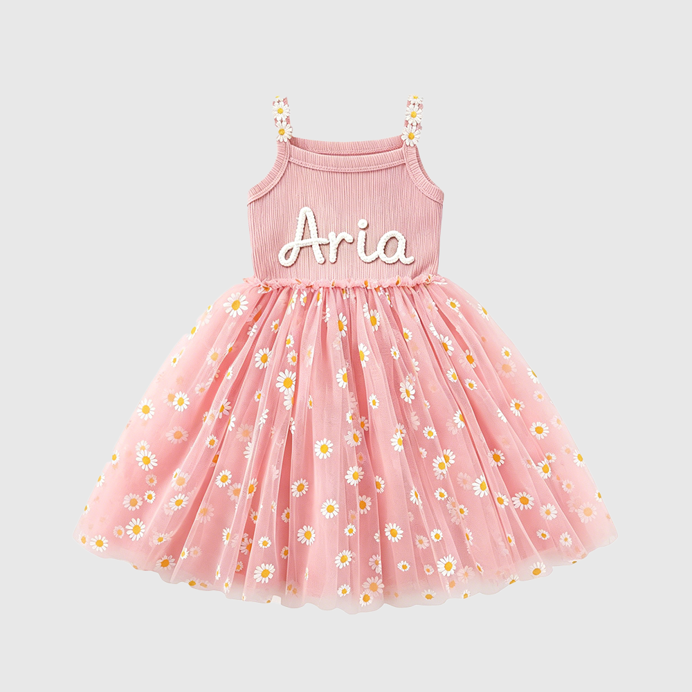 Personalized Girl Hand Knitted Rainbow Daisy Tutu Dress| Dress100