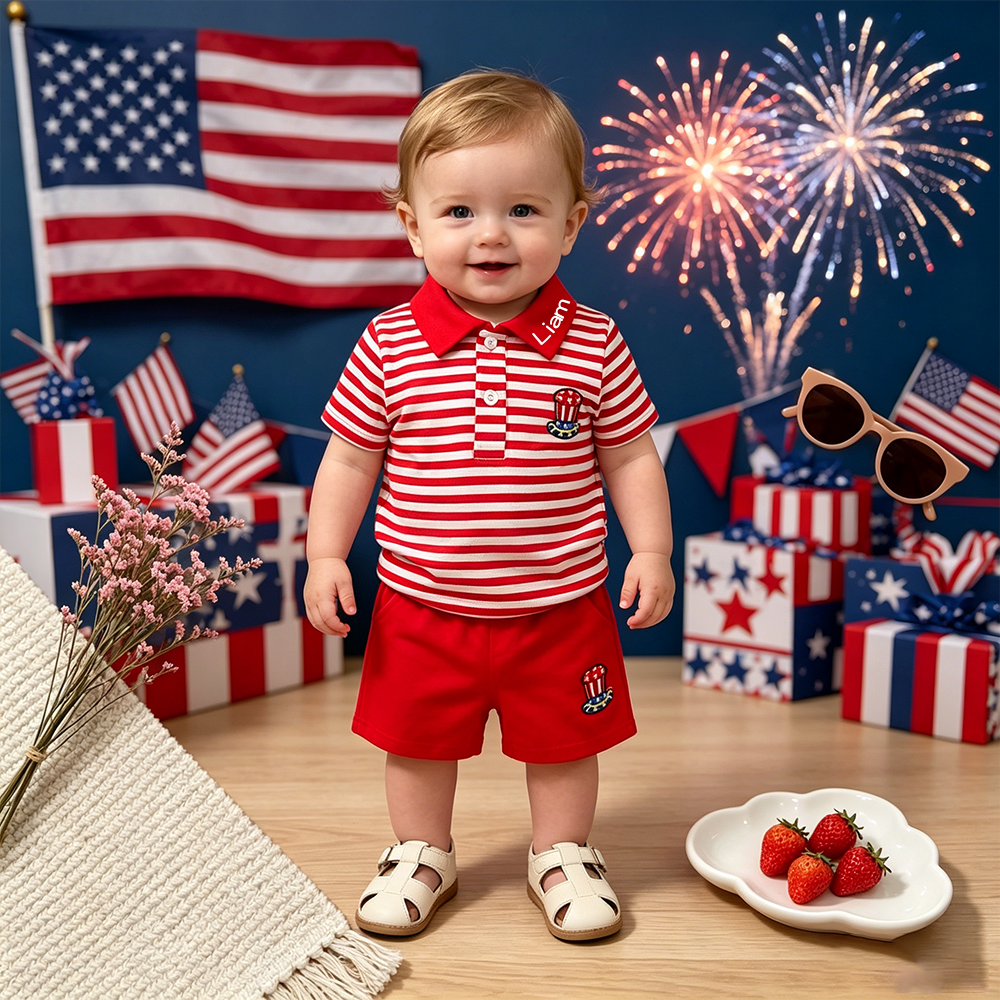 Personalized Boy 4th of July Boys' Striped Polo Outfit| cloth282