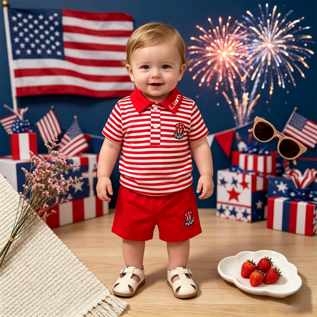 Personalized Boy 4th of July Boys' Striped Polo Outfit| cloth282