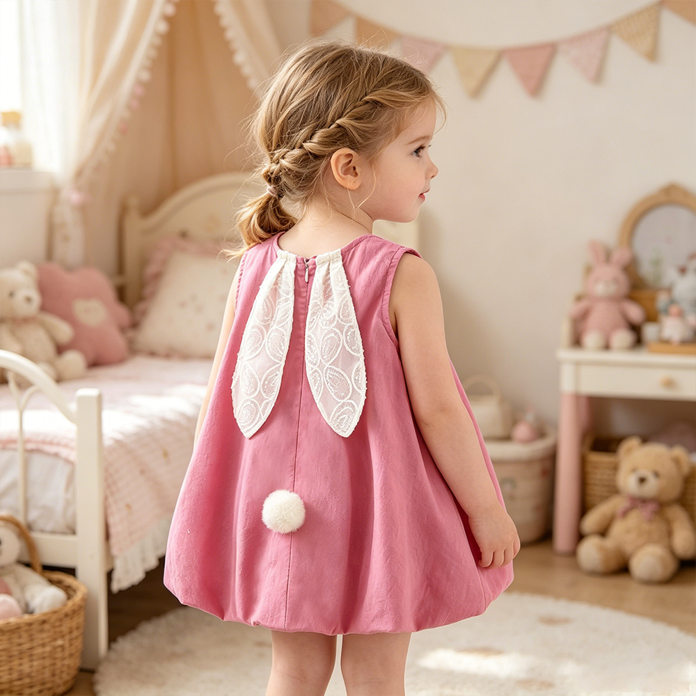 Personalized Girl Pink Sleeveless Bunny Ears Dress| Dress103