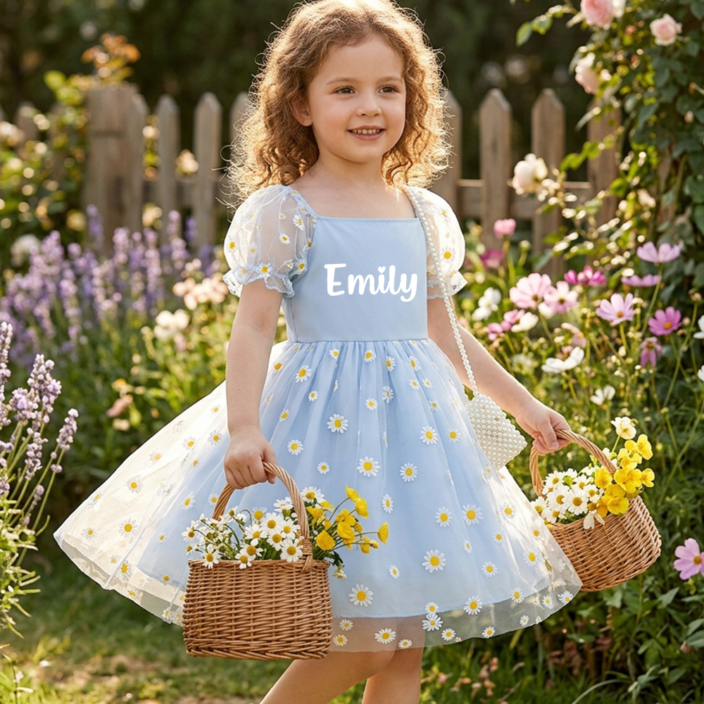 Personalized Girl Puff Sleeve Daisy Dress| Dress109