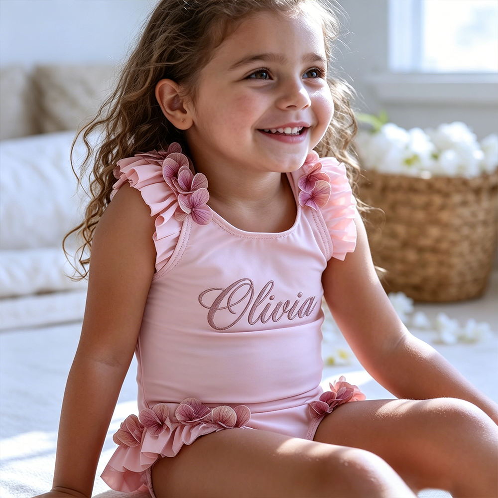 Personalized Girl Embroidered Pink Floral Ruffle One-Piece| Swimsuit08