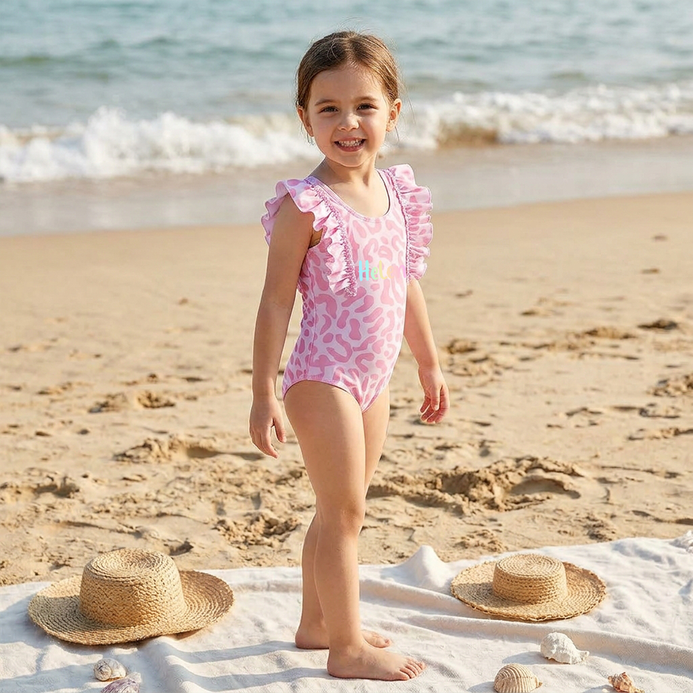 Personalized Girl Pink Leopard Ruffle One-Piece| Swimsuit09