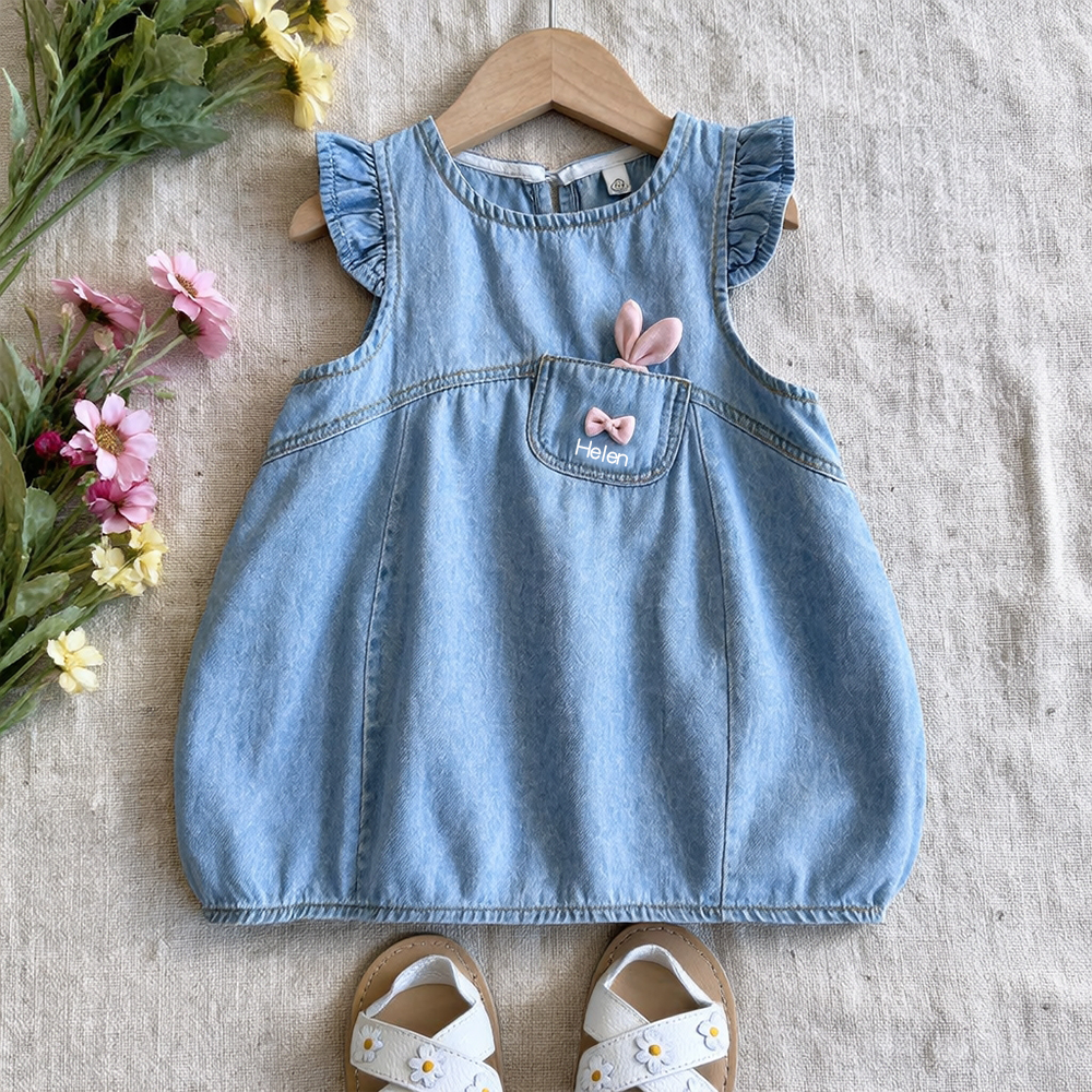 Personalized Girl Ruffle Denim Bubble Dress| Dress117