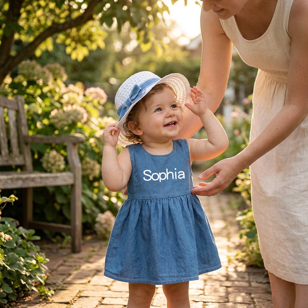 Personalized Girl Denim Dress with Straw Hat| Dress119