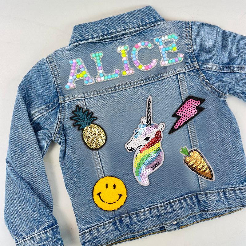 Personalized Kids Macaron Candy Color Beaded Letter Denim Jacket| Cloth165