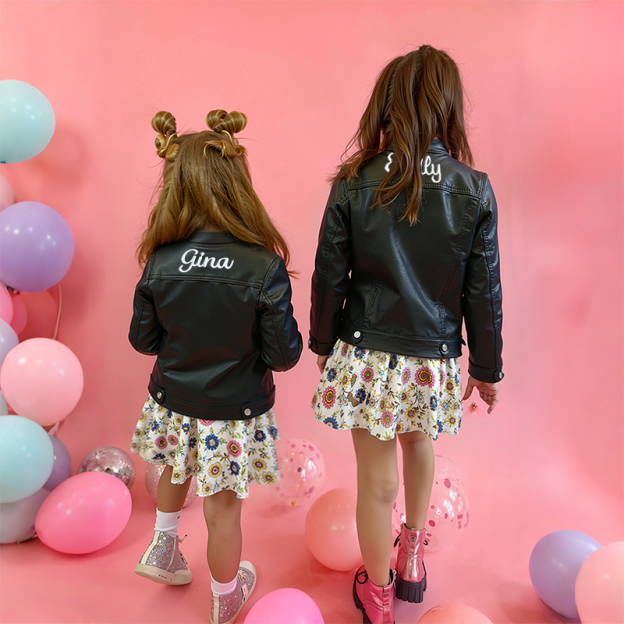 Personalized Kids Embroidered Zip Up Faux Leather Jacket| Cloth250