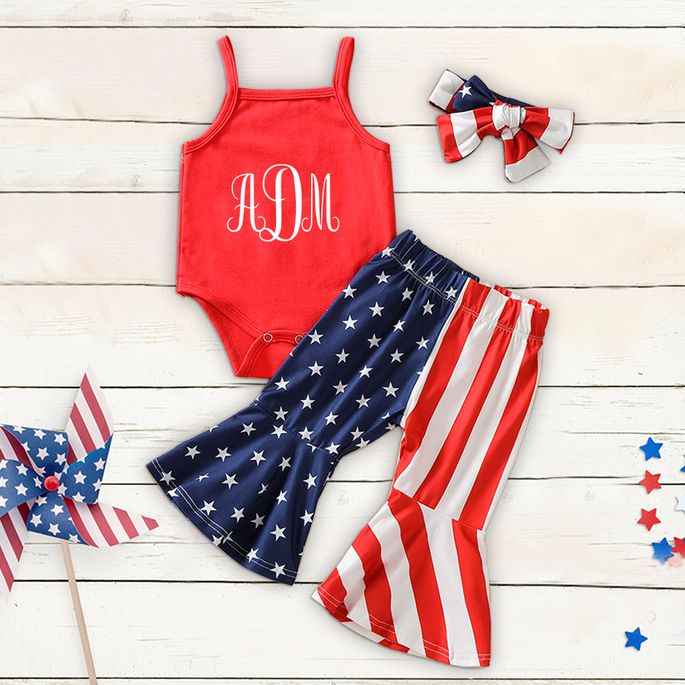 Personalized Baby Girl 4th of July Monogrammed Bell Pants Outfit| BBCloth90