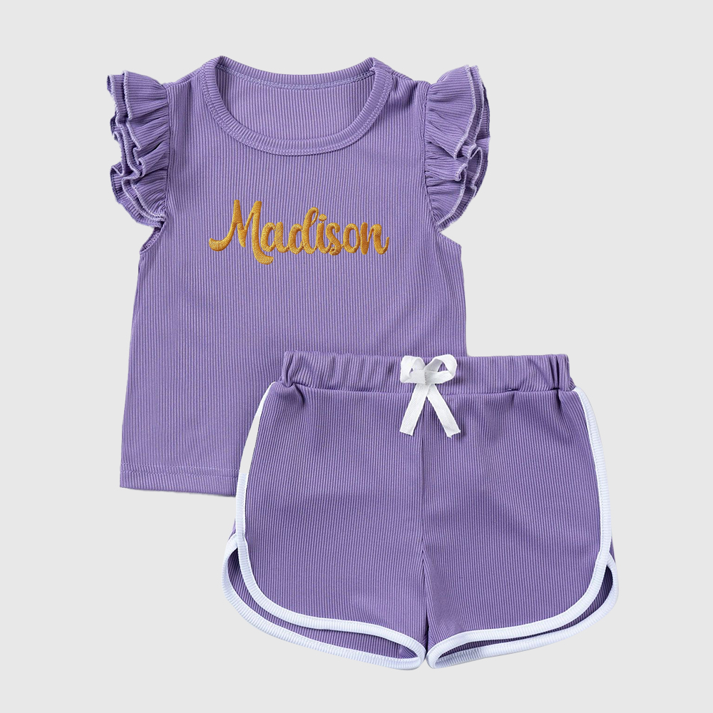 ]Personalized Girl Summer Ruffle T-Shirt and Shorts Set| Cloth233