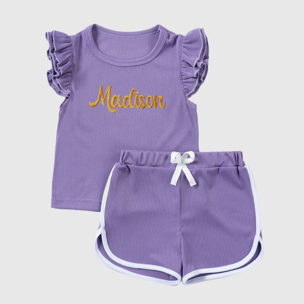 ]Personalized Girl Summer Ruffle T-Shirt and Shorts Set| Cloth233